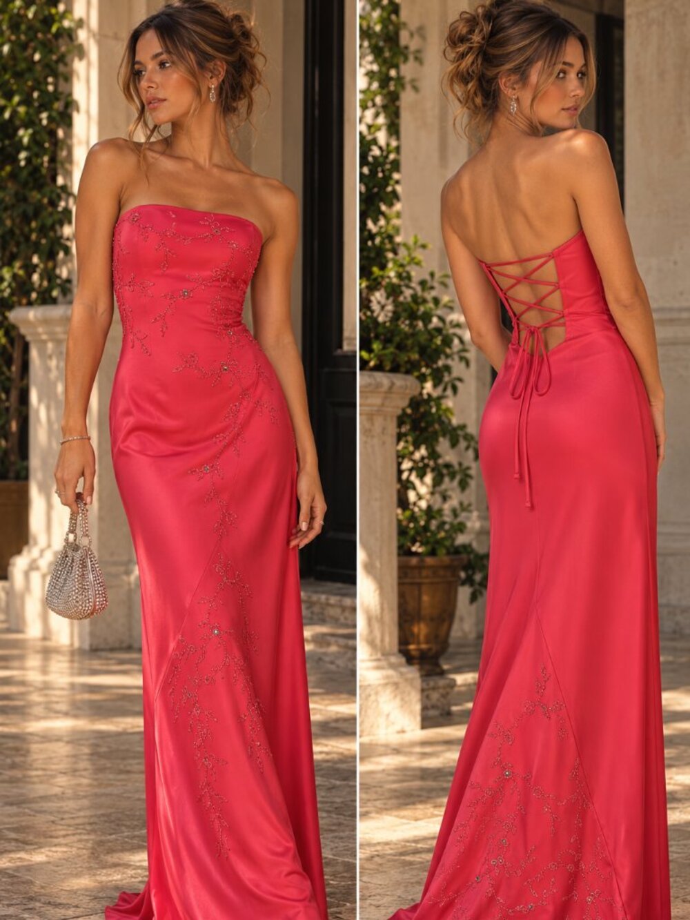 Vintage Y2K Rampage Size 7 Pink Beaded Corset Back Satin Maxi Dress